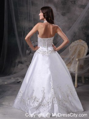 Embroidery with Beading for Chapel Train Wedding Dress with Sheer Halter