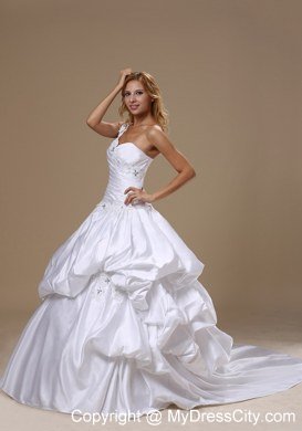 Single Shoulder Pick Ups Appliques Chapel Train 2013 Wedding Dresses