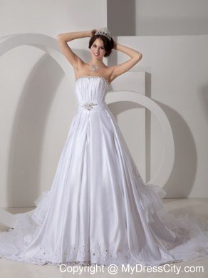 Strapless Court Train Lace Hem Beaded Ruching Wedding Bridal Gown