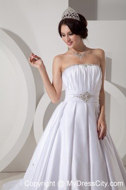 Strapless Court Train Lace Hem Beaded Ruching Wedding Bridal Gown