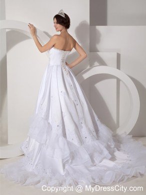 Strapless Court Train Lace Hem Beaded Ruching Wedding Bridal Gown