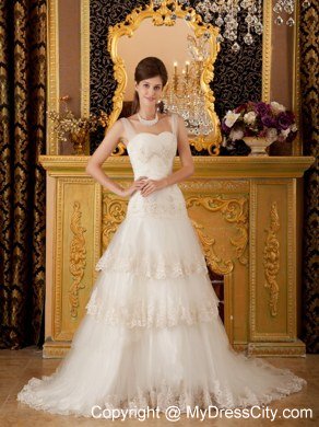 Sweetheart Appliques Lace Tiers Court Train 2013 Wedding Bridal Gown