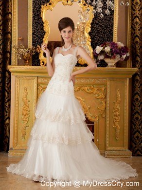 Sweetheart Appliques Lace Tiers Court Train 2013 Wedding Bridal Gown