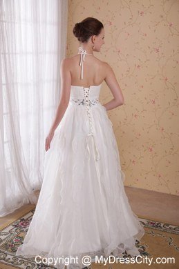 Spaghetti Straps Halter Organza Bridal Dress with Rhinestones and Beading