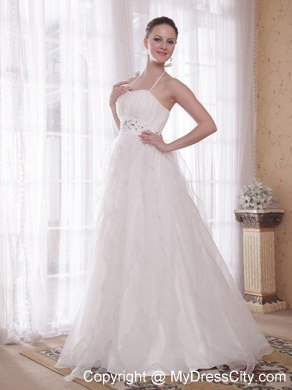 Spaghetti Straps Halter Organza Bridal Dress with Rhinestones and Beading