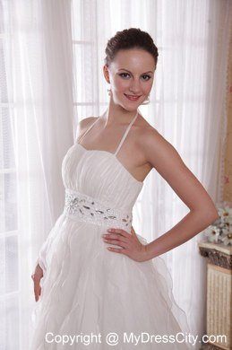 Spaghetti Straps Halter Organza Bridal Dress with Rhinestones and Beading