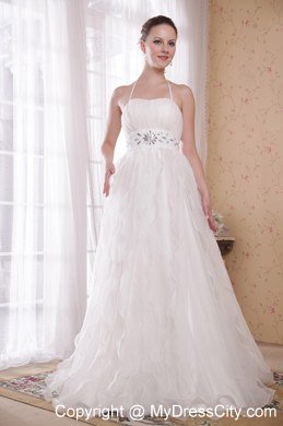 Spaghetti Straps Halter Organza Bridal Dress with Rhinestones and Beading