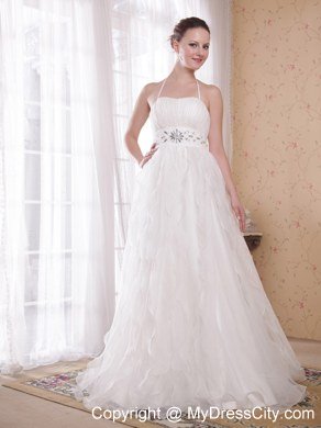 Spaghetti Straps Halter Organza Bridal Dress with Rhinestones and Beading