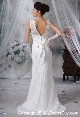 Lace V-neck Brush Train Luxurious Wedding Dress with Bowknot Back