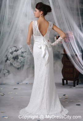 Lace V-neck Brush Train Luxurious Wedding Dress with Bowknot Back