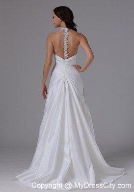 Sexy Brush Train Beaded Ruching Halter Wedding Dresses with Straps Back