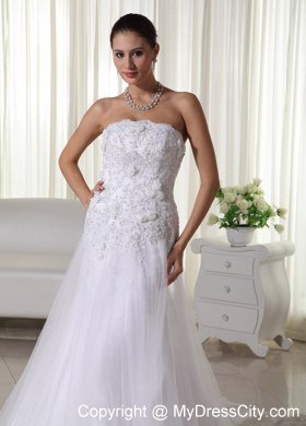 Appliques Lace Strapless Court Train Tulle 2013 Wedding Bridal Gown