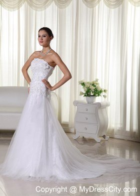 Appliques Lace Strapless Court Train Tulle 2013 Wedding Bridal Gown