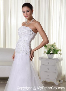 Appliques Lace Strapless Court Train Tulle 2013 Wedding Bridal Gown