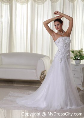 Appliques Lace Strapless Court Train Tulle 2013 Wedding Bridal Gown