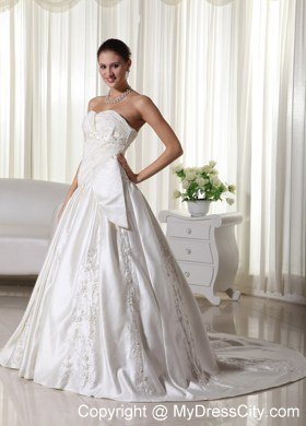 Pretty Ruched Embroidery Beaded Chapel Train Church Wedding Dresses