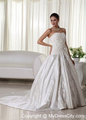 Pretty Ruched Embroidery Beaded Chapel Train Church Wedding Dresses