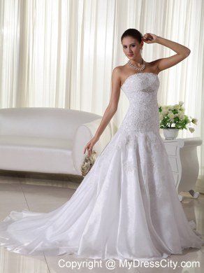 Popular Beaded Lace Court Train Strapless 2013 Garden Wedding Dress