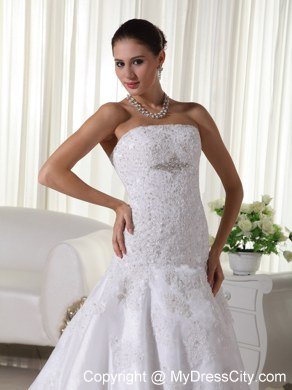 Popular Beaded Lace Court Train Strapless 2013 Garden Wedding Dress