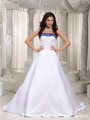 Strapless Court Train Embroidery on Satin Wedding Dress in Royal Blue