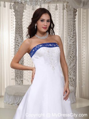 Strapless Court Train Embroidery on Satin Wedding Dress in Royal Blue
