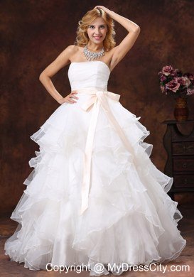 Ruffled Layers Strapless Princess Organza Wedding Dresses with Peach Sash