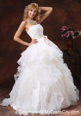 Ruffled Layers Strapless Princess Organza Wedding Dresses with Peach Sash