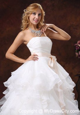 Ruffled Layers Strapless Princess Organza Wedding Dresses with Peach Sash