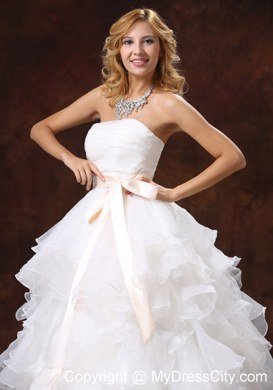 Ruffled Layers Strapless Princess Organza Wedding Dresses with Peach Sash