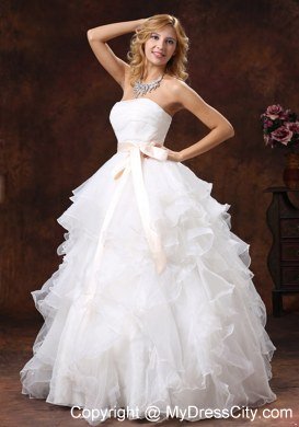 Ruffled Layers Strapless Princess Organza Wedding Dresses with Peach Sash