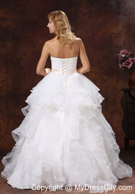 Ruffled Layers Strapless Princess Organza Wedding Dresses with Peach Sash