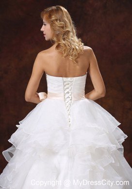 Ruffled Layers Strapless Princess Organza Wedding Dresses with Peach Sash