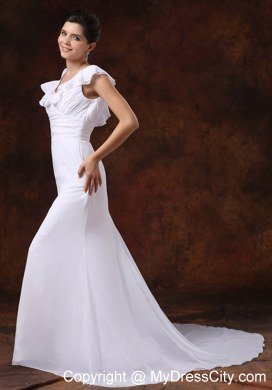 Ruching Tiers V-neck Court Train Chiffon Dress for 2013 Garden Wedding