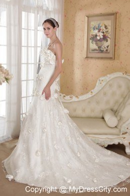 Flowers Strapless Court Train A-line Ivory Wedding Bridal Gown for Garden