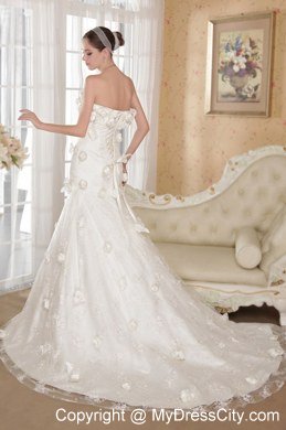 Flowers Strapless Court Train A-line Ivory Wedding Bridal Gown for Garden