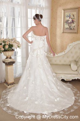 Flowers Strapless Court Train A-line Ivory Wedding Bridal Gown for Garden