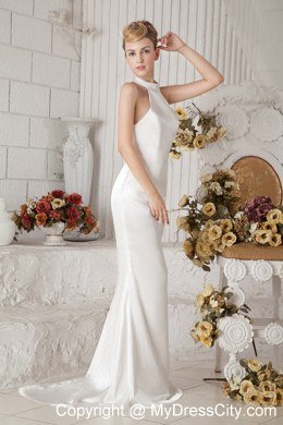 Simple Satin High-neck Brush Train Cheap Dress for 2013 Wedding