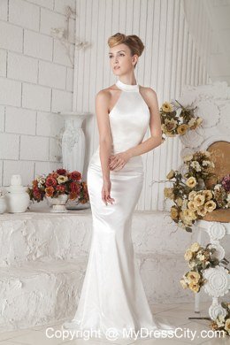 Simple Satin High-neck Brush Train Cheap Dress for 2013 Wedding