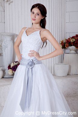 Spaghetti Straps Appliques Wedding Dresses with Silver Flower Sash