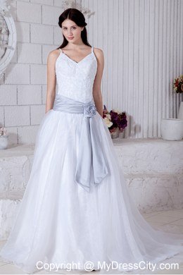 Spaghetti Straps Appliques Wedding Dresses with Silver Flower Sash