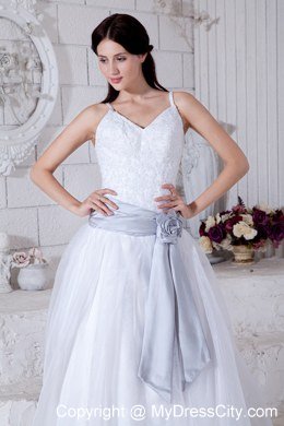 Spaghetti Straps Appliques Wedding Dresses with Silver Flower Sash