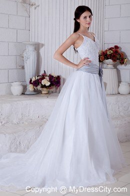 Spaghetti Straps Appliques Wedding Dresses with Silver Flower Sash