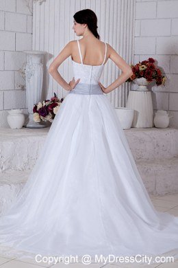 Spaghetti Straps Appliques Wedding Dresses with Silver Flower Sash