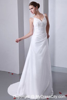 Elegant Straps Satin Ruches and Beading Wedding Dress 2013