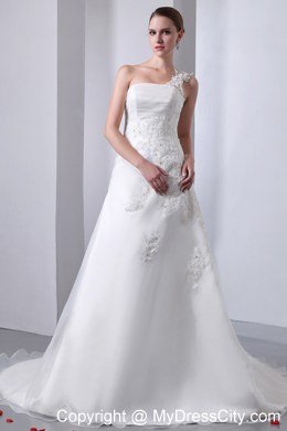 2013 One Shoulder Lace Wedding Dress with Chapel Train Organza