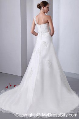 2013 One Shoulder Lace Wedding Dress with Chapel Train Organza