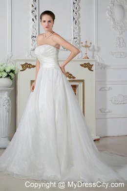 Unique Strapless Court Train Wedding Dress with Organza Ruches