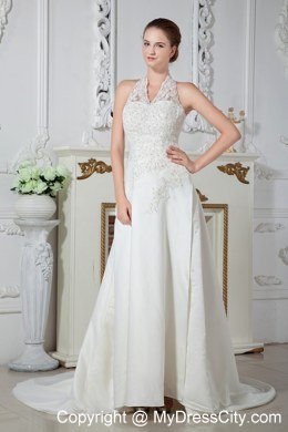 Sweet Halter Court Train Wedding Gowns with Satin Appliques