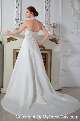 Sweet Halter Court Train Wedding Gowns with Satin Appliques