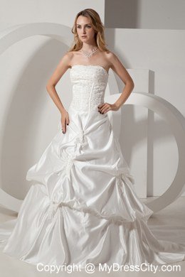 Chapel Train Taffeta Wedding Dress with Appliques and Pick-ups